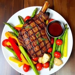 A beautifully arranged plate featuring a succulent steak cooked to perfection, surrounded by colorful, fresh vegetables such as bell peppers, asparagus, and cherry tomatoes