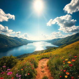 A breathtaking landscape featuring lush green hills, a clear blue sky with fluffy white clouds, and a serene lake reflecting the beauty of the surroundings