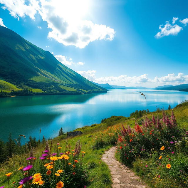 A breathtaking landscape featuring lush green hills, a clear blue sky with fluffy white clouds, and a serene lake reflecting the beauty of the surroundings