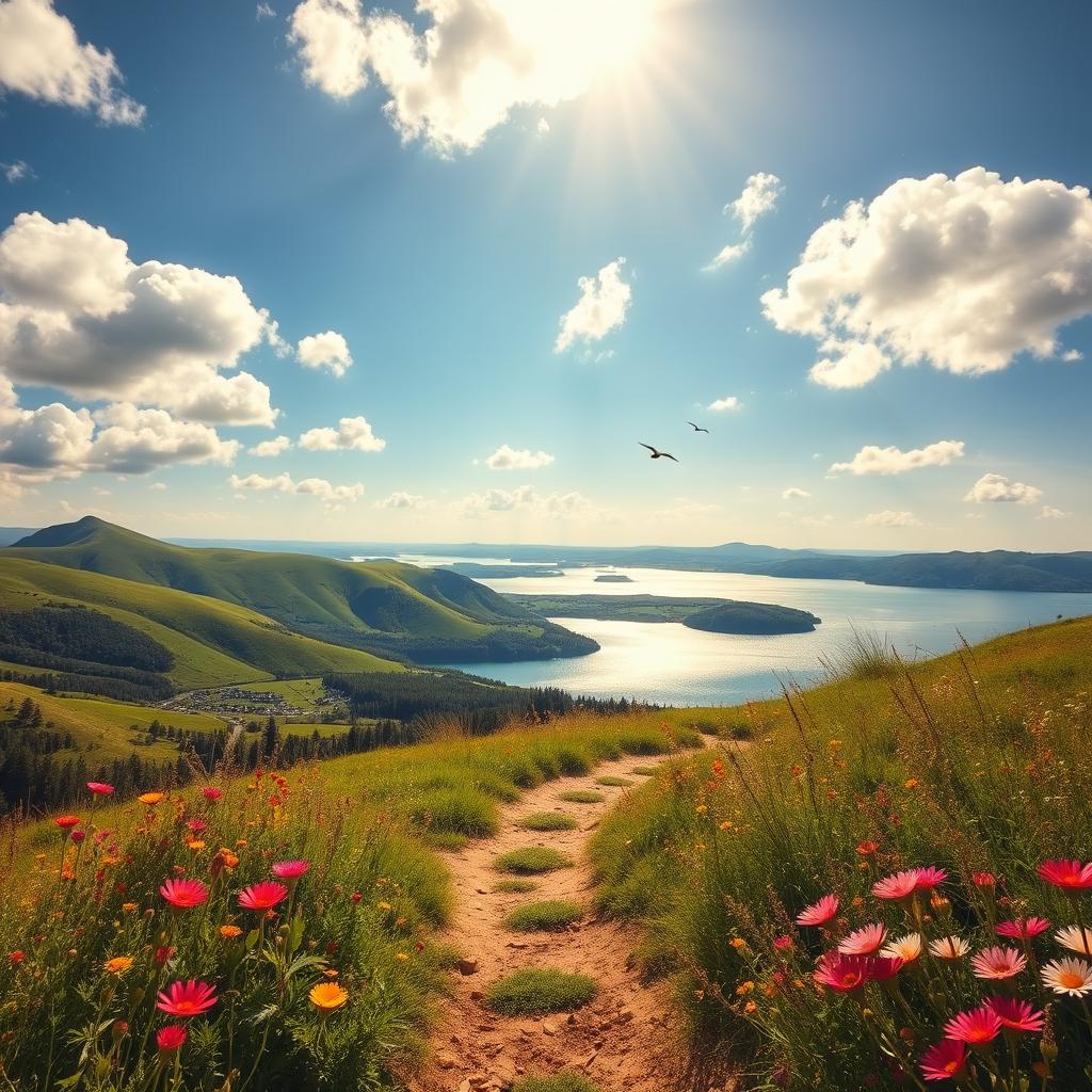 A breathtaking landscape featuring lush green hills, a clear blue sky with fluffy white clouds, and a serene lake reflecting the beauty of the surroundings