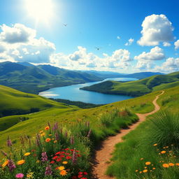 A breathtaking landscape featuring lush green hills, a clear blue sky with fluffy white clouds, and a serene lake reflecting the beauty of the surroundings