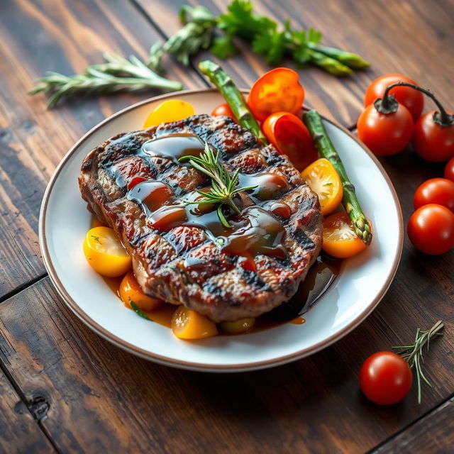 A beautifully plated grilled steak served alongside vibrant, colorful vegetables such as bell peppers, asparagus, and cherry tomatoes, drizzled with a savory sauce