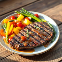 A beautifully plated grilled steak served alongside vibrant, colorful vegetables such as bell peppers, asparagus, and cherry tomatoes, drizzled with a savory sauce