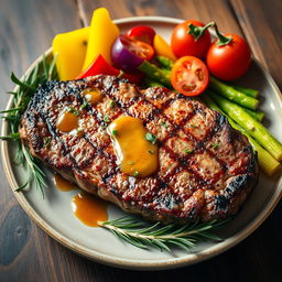 A beautifully plated grilled steak served alongside vibrant, colorful vegetables such as bell peppers, asparagus, and cherry tomatoes, drizzled with a savory sauce