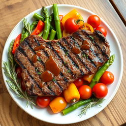 A beautifully plated grilled steak served alongside vibrant, colorful vegetables such as bell peppers, asparagus, and cherry tomatoes, drizzled with a savory sauce