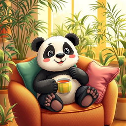 A whimsical and cute panda sitting comfortably in a vibrant and cozy armchair, surrounded by colorful cushions