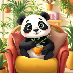 A whimsical and cute panda sitting comfortably in a vibrant and cozy armchair, surrounded by colorful cushions