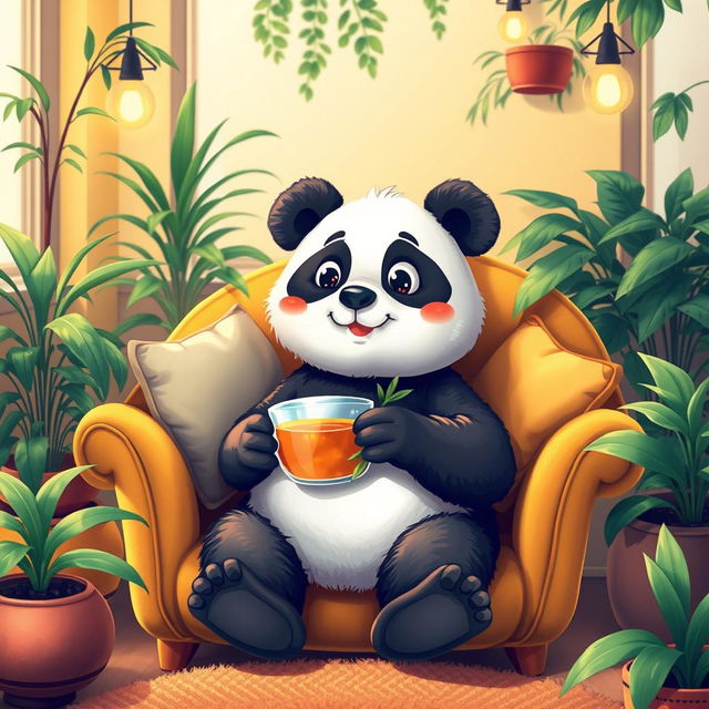 A whimsical and cute panda sitting comfortably in a vibrant and cozy armchair, surrounded by colorful cushions