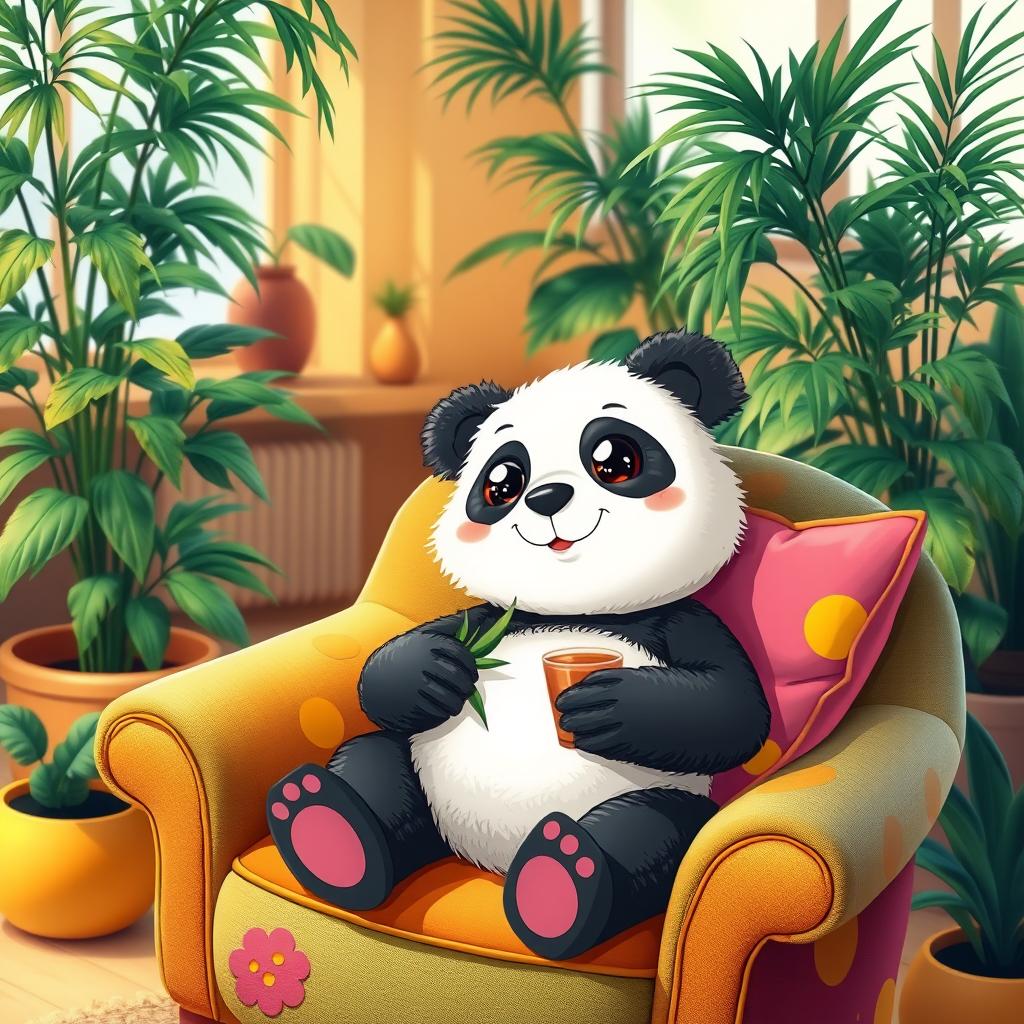 A whimsical and cute panda sitting comfortably in a vibrant and cozy armchair, surrounded by colorful cushions