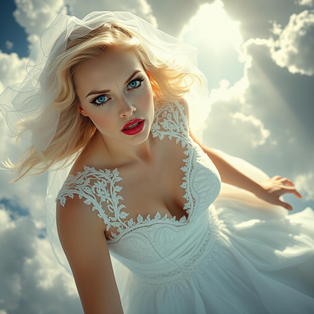 A beautiful sexy blonde woman in a flowing wedding dress adorned with intricate lace details, complemented by a delicate bridal veil