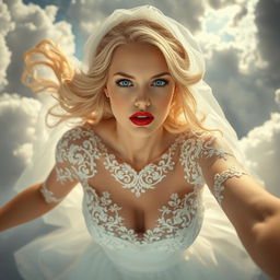A beautiful sexy blonde woman in a flowing wedding dress adorned with intricate lace details, complemented by a delicate bridal veil