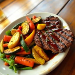 A beautifully grilled steak served with a colorful array of vegetables including grilled bell peppers, zucchini, and carrots, drizzled with a rich and flavorful sauce