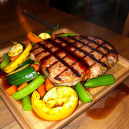 A beautifully grilled steak served with a colorful array of vegetables including grilled bell peppers, zucchini, and carrots, drizzled with a rich and flavorful sauce