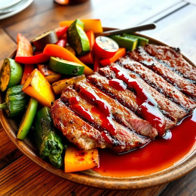 A beautifully grilled steak served with a colorful array of vegetables including grilled bell peppers, zucchini, and carrots, drizzled with a rich and flavorful sauce