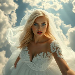 A beautiful sexy blonde woman in a flowing wedding dress adorned with intricate lace details, complemented by a delicate bridal veil