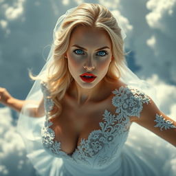 A beautiful sexy blonde woman in a flowing wedding dress adorned with intricate lace details, complemented by a delicate bridal veil