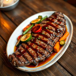 A beautifully grilled steak served with a colorful array of vegetables including grilled bell peppers, zucchini, and carrots, drizzled with a rich and flavorful sauce
