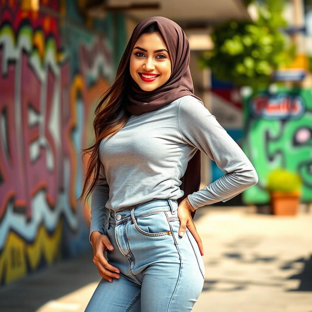 A beautiful young woman wearing a stylish hijab and fitted jeans, standing confidently and playfully touching her hip