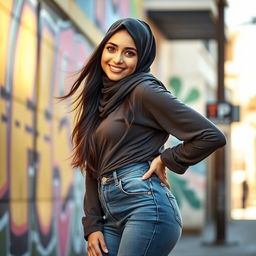 A beautiful young woman wearing a stylish hijab and fitted jeans, standing confidently and playfully touching her hip
