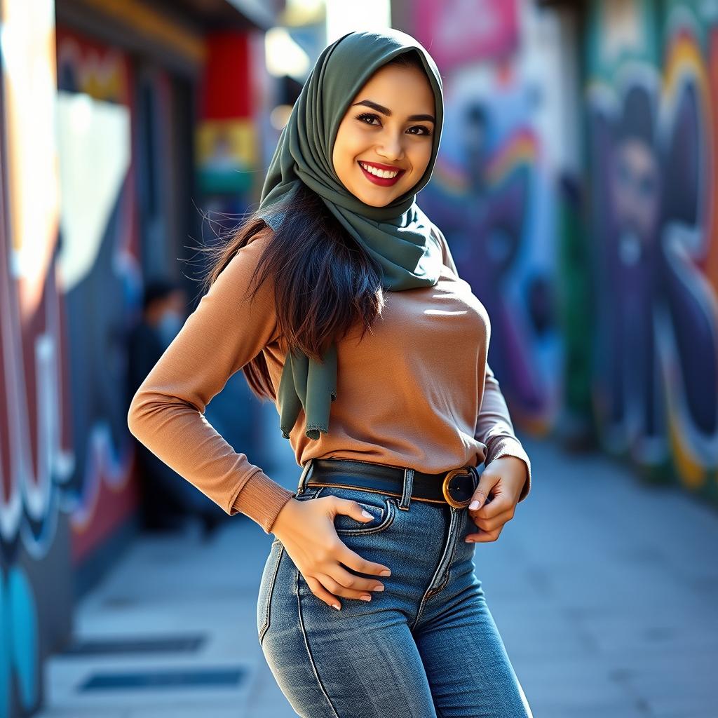 A beautiful young woman wearing a stylish hijab and fitted jeans, standing confidently and playfully touching her hip