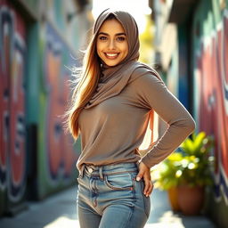 A beautiful young woman wearing a stylish hijab and fitted jeans, standing confidently and playfully touching her hip