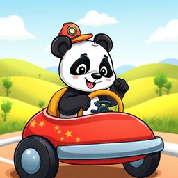 A whimsical and adorable panda sitting in the driver's seat of a colorful cartoon car