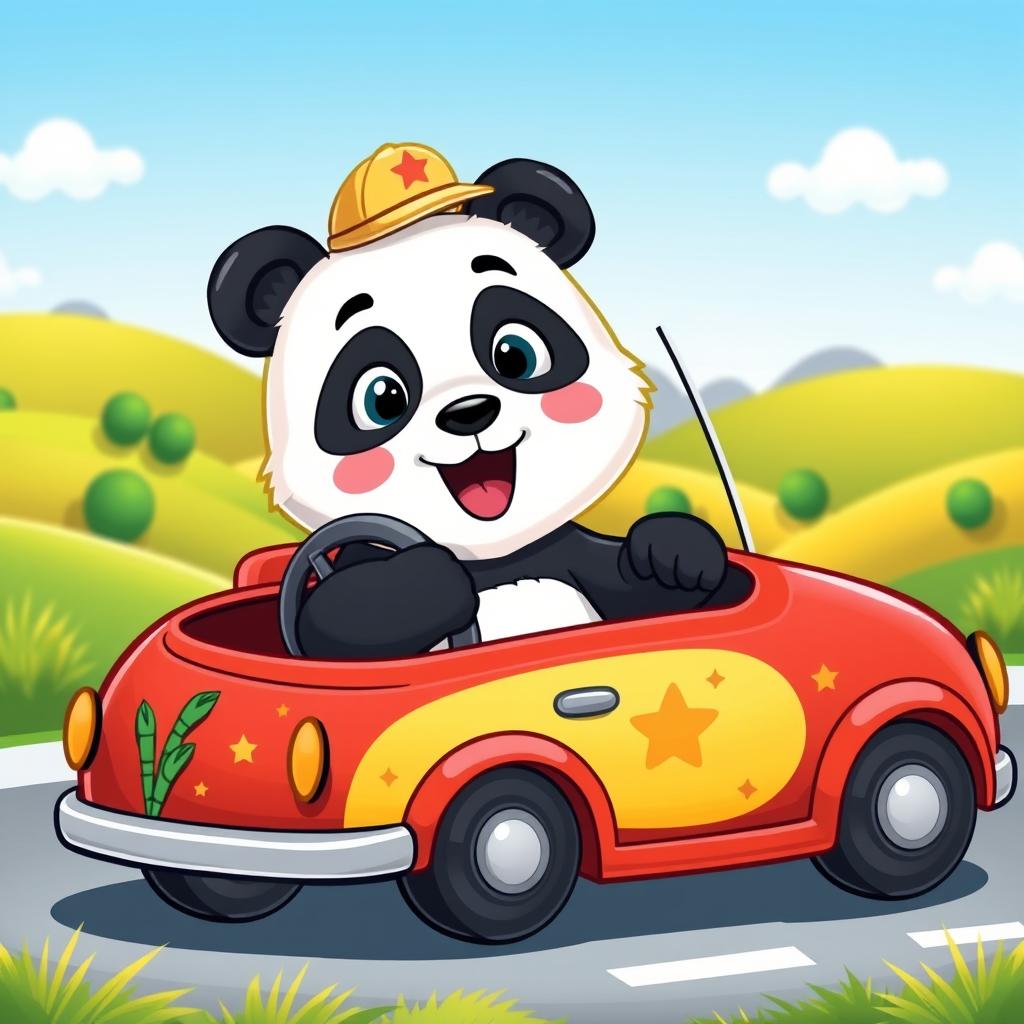 A whimsical and adorable panda sitting in the driver's seat of a colorful cartoon car