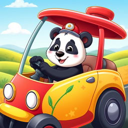 A whimsical and adorable panda sitting in the driver's seat of a colorful cartoon car