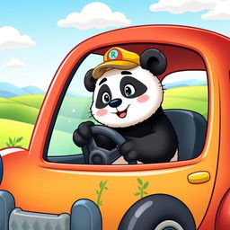 A whimsical and adorable panda sitting in the driver's seat of a colorful cartoon car