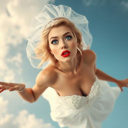 A beautiful and sexy blonde woman wearing a stunning wedding dress, complete with an elegant bridal veil