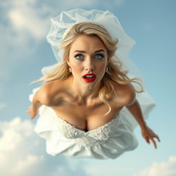 A beautiful and sexy blonde woman wearing a stunning wedding dress, complete with an elegant bridal veil