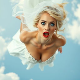 A beautiful and sexy blonde woman wearing a stunning wedding dress, complete with an elegant bridal veil