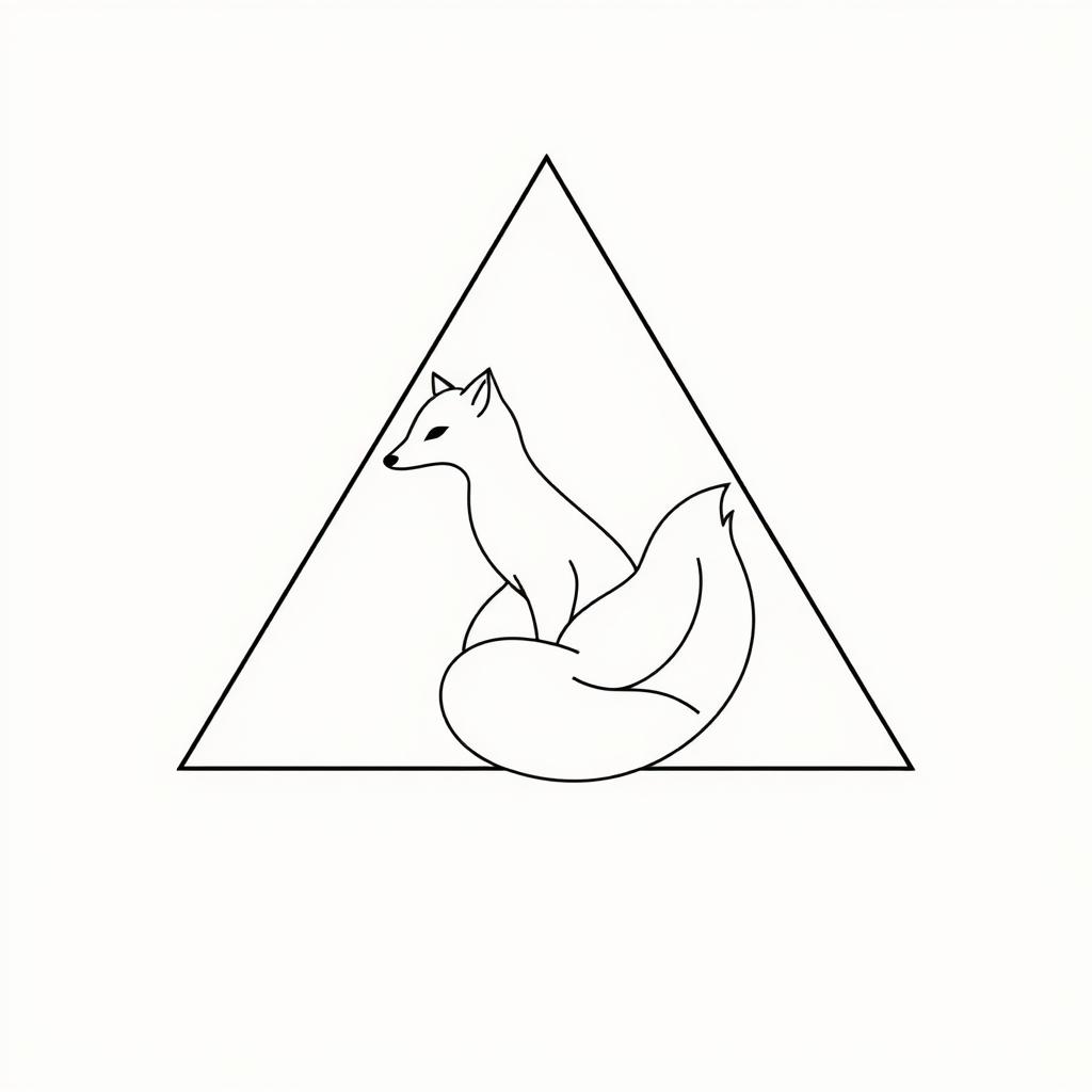 A minimalist triangle frame featuring a stylized three-tailed fox inside