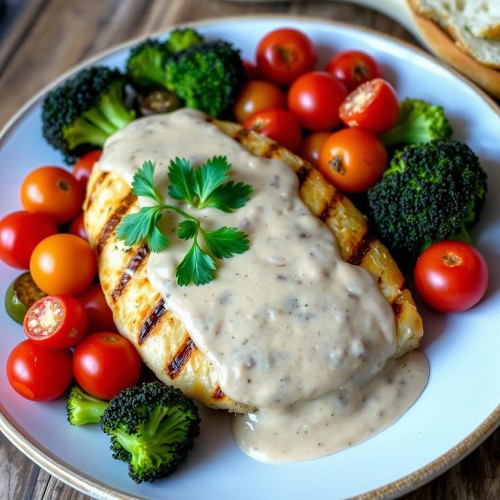 A beautifully plated chicken breast steak with creamy mushroom sauce, topped with fresh parsley, and served on a rustic wooden table