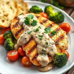 A beautifully plated chicken breast steak with creamy mushroom sauce, topped with fresh parsley, and served on a rustic wooden table