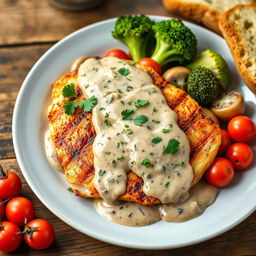 A beautifully plated chicken breast steak with creamy mushroom sauce, topped with fresh parsley, and served on a rustic wooden table