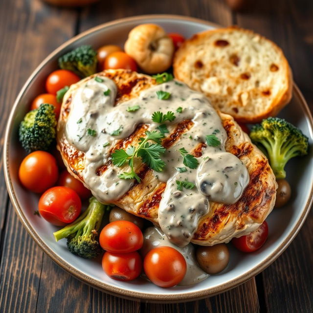 A beautifully plated chicken breast steak with creamy mushroom sauce, topped with fresh parsley, and served on a rustic wooden table