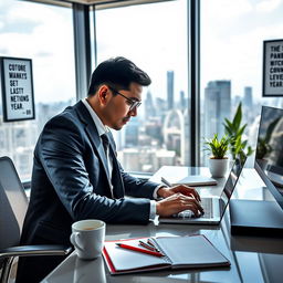 A highly skilled professional working intently at their desk in a sleek modern office, surrounded by state-of-the-art technology