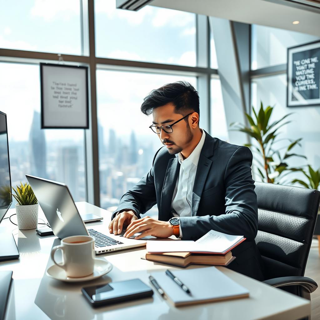 A highly skilled professional working intently at their desk in a sleek modern office, surrounded by state-of-the-art technology