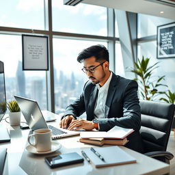 A highly skilled professional working intently at their desk in a sleek modern office, surrounded by state-of-the-art technology