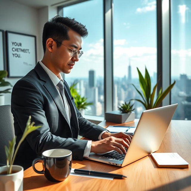 A highly skilled professional working intently at their desk in a sleek modern office, surrounded by state-of-the-art technology