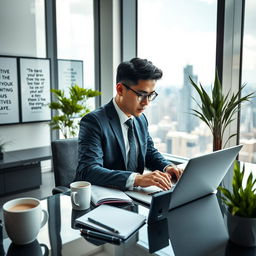 A highly skilled professional working intently at their desk in a sleek modern office, surrounded by state-of-the-art technology