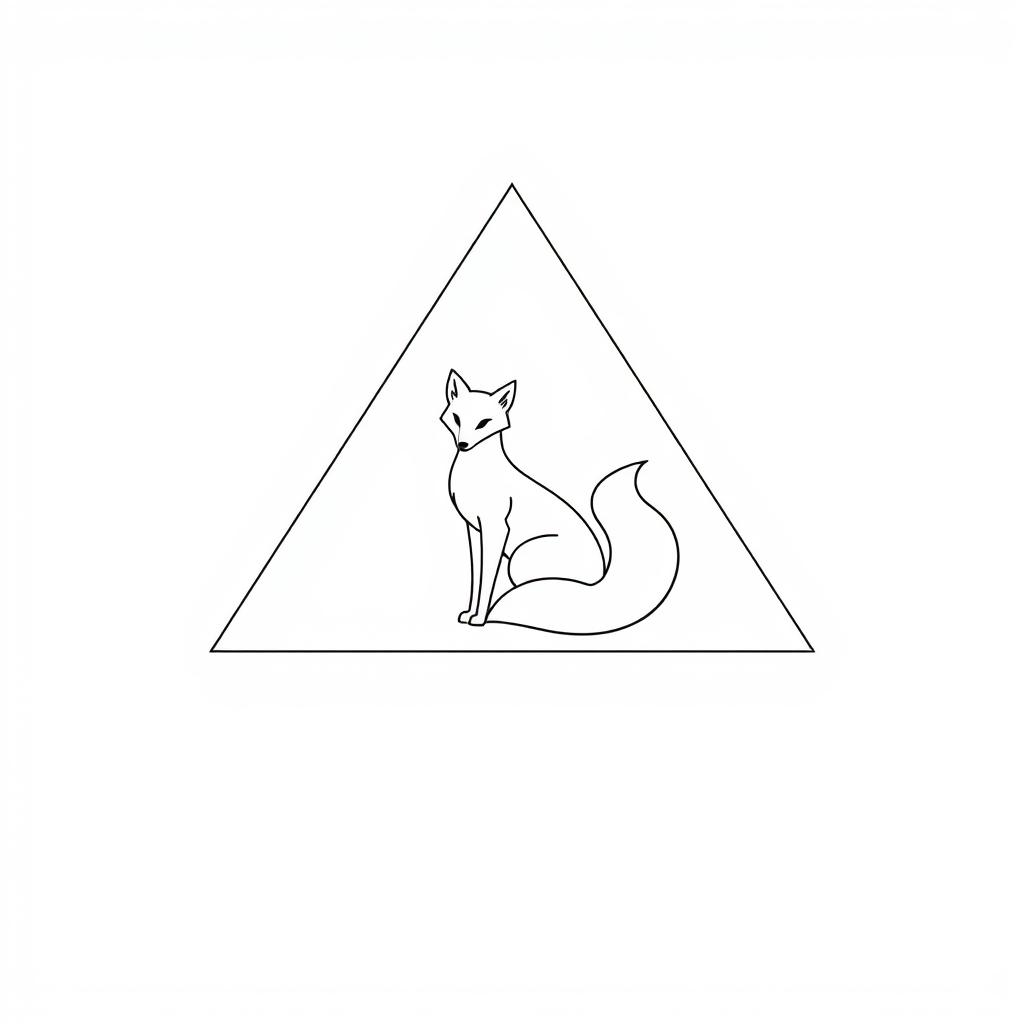 A minimalist triangle frame inspired by Greek art, featuring a stylized nine-tailed fox sitting elegantly inside