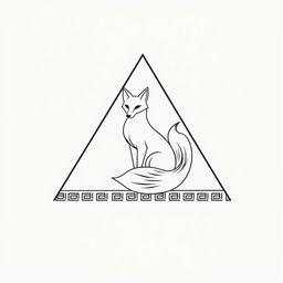 A minimalist triangle frame inspired by Greek art, featuring a stylized nine-tailed fox sitting elegantly inside