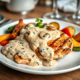 A beautifully plated chicken breast steak topped with a creamy mushroom sauce, garnished with fresh parsley on the side