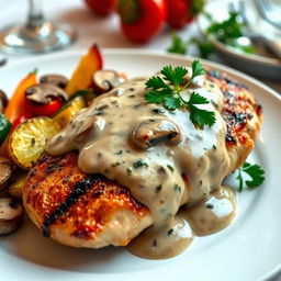 A beautifully plated chicken breast steak topped with a creamy mushroom sauce, garnished with fresh parsley on the side