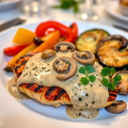 A beautifully plated chicken breast steak topped with a creamy mushroom sauce, garnished with fresh parsley on the side