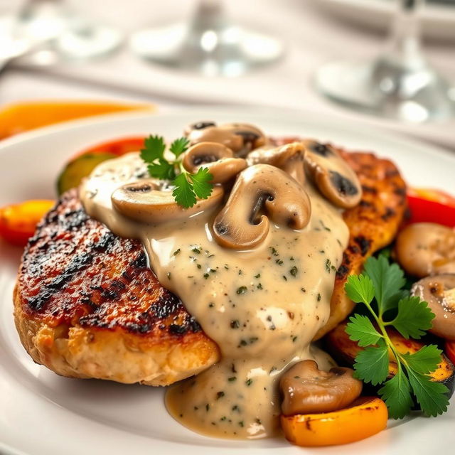 A beautifully plated chicken breast steak topped with a creamy mushroom sauce, garnished with fresh parsley on the side