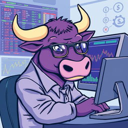 A purple bull character acting as a market trader, intently monitoring a computer screen filled with trading graphs and stock metrics