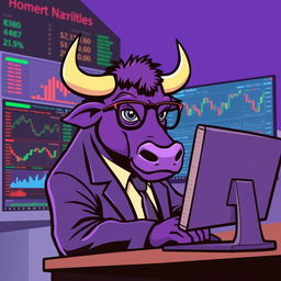 A purple bull character acting as a market trader, intently monitoring a computer screen filled with trading graphs and stock metrics